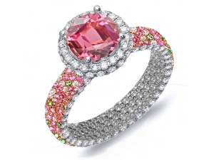 Made To Order Rings Featuring Delicate French Halo Pave Diamonds & Vivid Pink Sapphires