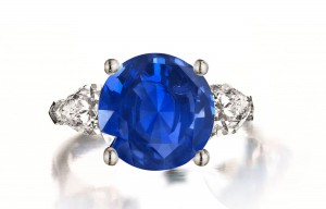 Custom Manufactured Three Stone Pear-Shaped Diamonds & Round Blue Sapphire Ring