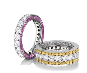 Made to Order Channel Set Brilliant Cut Round Diamonds, Pink & Yellow Sapphires Set Eternity Rings & Stackable Bands