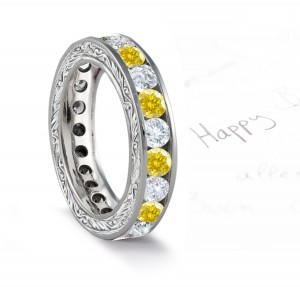Antique Style Yellow Diamond Band Sides Profusely Engraved with Scroll, Floral & Leaf Motifs
