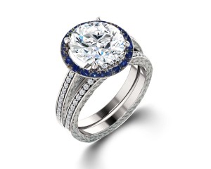 Delicate Micro Pave Halo Vivid Blue Sapphires & Brilliant-Cut Round Diamonds Designer Engagement Rings