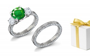 Signify Eternal Love: Nature Classic Emerald & Diamond 3 Stone Ring & Masterfully Decorated White Gold Band