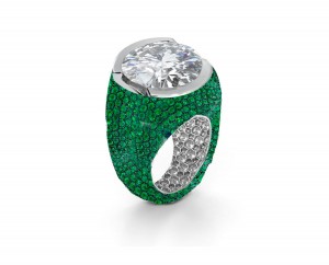 Center Brilliant Round Cut Diamond & Side Emeralds Right Hand Rings