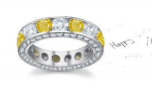 A Designer Diamond Yellow Sapphire Eternity Band Glowing in Sun Light