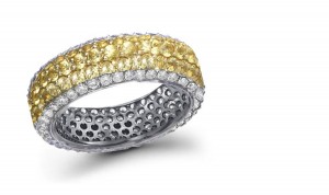 pave Set Yellow Sapphire & Diamond Band That Emits Hot Yellow Flame & Smoke