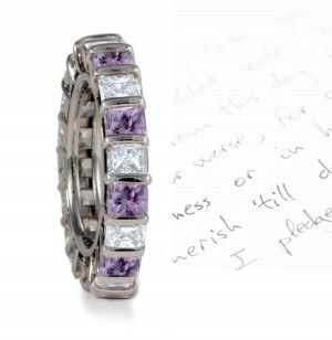 Circle of White & Purple Princess Cut Diamonds Sparkling in Bar Settings  in Platinum or 18k Gold