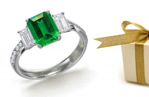 Emerald Center, Two Diamonds: Emerald Cut Diamond & Emerald Cut Emerald 3 Stone Ring Save 30%