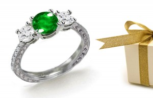 Radiance & Illumination: Center Diamond & Round Emerald Sides Art Deco Style 3 Stone Ring