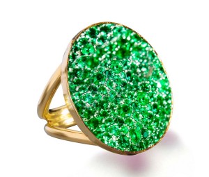 Latest Collection: Delicate Halo Micropave Side Accents Green Emeralds Cocktail Right Hand Fashion Rings