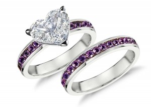 Handcrafted Purple Sapphire & Diamond Engagement Ring & Wedding Anniversary Band Bridal Set