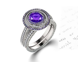 Delicate Micro Pave Halo Vivid Purple Sapphires & Brilliant-Cut Round Diamonds Designer Engagement Rings