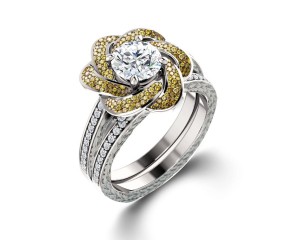 Delicate Micro Pave Halo Vivid Flower Yellow Sapphires & Brilliant-Cut Round Diamonds Designer Engagement Rings