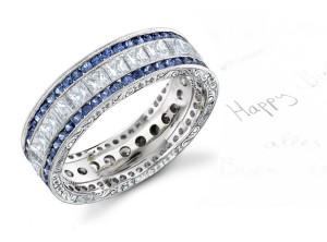 6 mm Wide Princess Cut & Round Blue Sapphire & Diamond Wedding Band