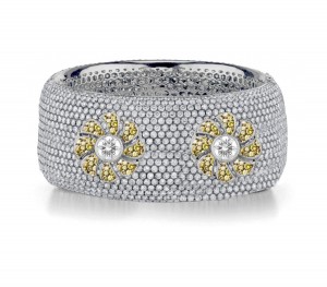 Delicate French pavee Sparkling Brilliant-Cut Round Diamonds & Vivid Multi-Colored Precious Stones Eternity Rings & Bands Featuring Vintage Flower Blooom Designs