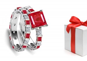 Fascinating: Princess Cut Ruby & Diamond Engagement Ring & Matching Band