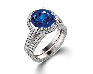Delicate Micro Pave Halo Vivid Blue Sapphires & Brilliant-Cut Round Diamonds Designer Engagement Rings