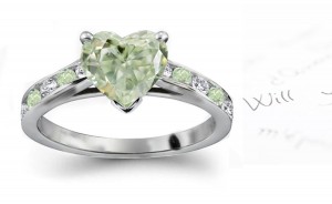 Center Heart Green Diamond & Channel Set Contrasted Green & White Diamonds Engagement Ring