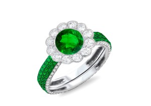 Center Round Cut Emerald With Diamond Flower Halo & Side Emeralds Designer Rings