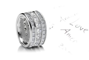 Three Rows of Sparkling Diamond Wedding Bands in Platinum & 14k Gold