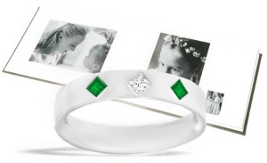 Emerald Burnish Set Rings: Classic Tiffany Style Emerald and Diamond Burnish Set Rings in 14K White Gold
