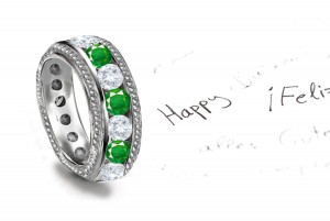 Mountain Green Georgian Style Foliate Scrolls & Motifs Emerald & Diamond Band