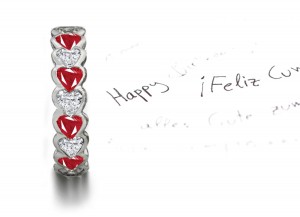 Love Stories: Semi-Bezel Set Heart Ruby & Heart Diamond Band in Platinum or Gold