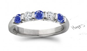 Round Blue Sapphire and Diamond 5-Stone Band Ring in 18k White Gold