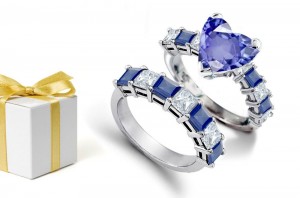 Fine Dark Hue Blue Sapphires: Heart Shaped Diamond atop Princess Cut Blue Sapphire Diamond & 14k Gold Ring & Sapphire Diamond Wedding Band