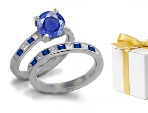 Royal Jewelry: Pure Symbolic Eye-Catching Gold Ring With Channel Set Fine Blue Sapphire & Diamond 14k White 13.12 CT