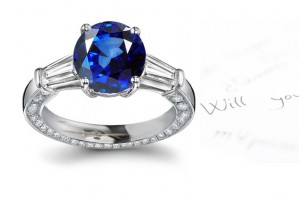 A Great Favorite: 3 Stone Fine Blue Sapphire & Baguette White Diamond Gold Ring in 14k Pure White Russian Platinum Silver