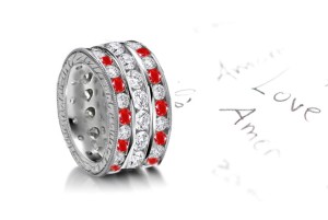 Masterpiece: Three Sparkling Rows of Ruby & Diamond Eternity Bands in Platinum 950 Size 3 to 6