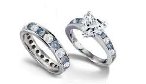 White & Blue Diamond Wedding Eternity Band & Matching Engagement Ring with Heart Diamond atop Blue Diamond Band