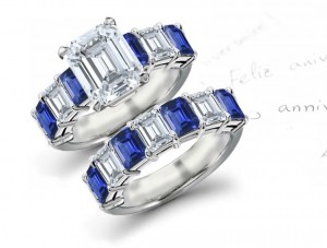 Birth-stone for September: 7 Stone Emerald Cut Diamonds & Sapphire Ring & 7 Stone Side Stone Embracing Wedding Band