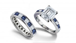 "Visions" - New Mission: Top Emerald Cut Diamond head atop Princess Cut Diamonds Sapphires Ring & Mystic Wedding Band