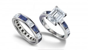 Radiance of Blue-Sky: View This Emerald Cut Diamond atop Baguette Cut Diamonds & Sapphire Ring & Wedding Band