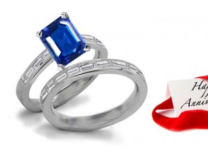 Symbol of Sincerity: Popular Emerald Cut Fine Blue Sapphire & Baguette Diamond Birth-stone Ring & Diamond Band in Gold