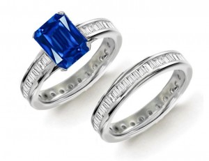 Real Visionary Experience: Baguette Diamond & Emerald Cut Fine Blue Sapphire Plate Ring & Anniversary Diamond Gold Band