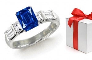 Gem of a Fine, Deep Color: Baguette Diamond & Emerald Cut Fine Blue Sapphire Romance Band in Platinum Size 3 to 8