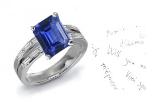 Blue Corrundum Gem: Very Highly Valued Split Shank Style Emerald Cut Fine Blue Sapphire Baguette Diamond Carat Weight