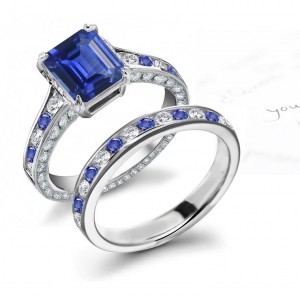 Absolutely Gorgeous: Emerald Cut Fine Blue Sapphire & Brilliant Round Fine Deep Blue Sapphire & Diamond Ring & Band NEW!!!