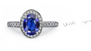 Clear Coastal Blue: French Art Oval Sapphire Diamond Halo Ring with with Diamond Shoulders