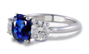 Classical Beauty: 3 Stone Oval Would be Now Large Fine Blue Sapphire Side Stone Round Diamond Ring 1 to 5 cts tw