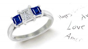 Composition Featuring: 3 Stone Style Princess Diamond & Square Fine Blue Sapphire Ring