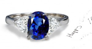 Presented with 3 Stones: 14k 3 Stone Heart Shaped Diamond & Oval Blue Fine Blue Sapphire Diamond Anniversary Ring