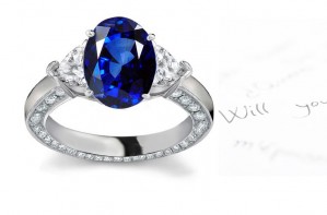 Noted As Regal Gem: 3 Stone Heart Diamond Side Gemstone Oval Fine Blue Sapphire Ring in Stone Sizes: 7x5, 8x6 mm