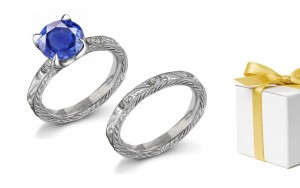 September Birthstones: French Floral Scrolls Fine Deep Deep Blue Sapphire & Diamond Ring in 14k White Gold & Platinum