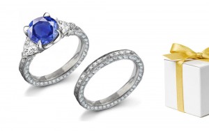 Jews & Romans : Three Stone Round Sapphire & Trillion Cut Diamond Gold Ring With Deep Royal Sapphires & Band Scrolls