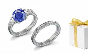 Arabian Legends: 3 Stone Sapphire & Pears Diamond Ring With Fine Sapphires & Band Metal Leda Floral Scrolls