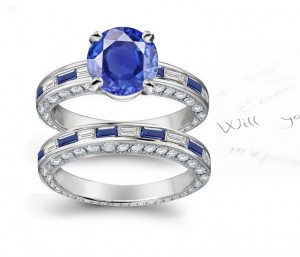 Creative Thinking: Baguette Cut Deep Blue Sapphire and Diamond Ring and Band in Gold & Diamond Sprinkle