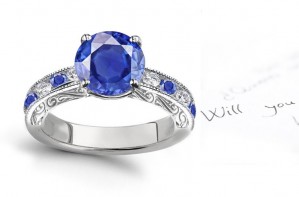 Sapphire Stories: Round Deep Blue Sapphire & Diamond Ring in Gold & Engraved Whole Sides with Hand Scrolls & Motifs